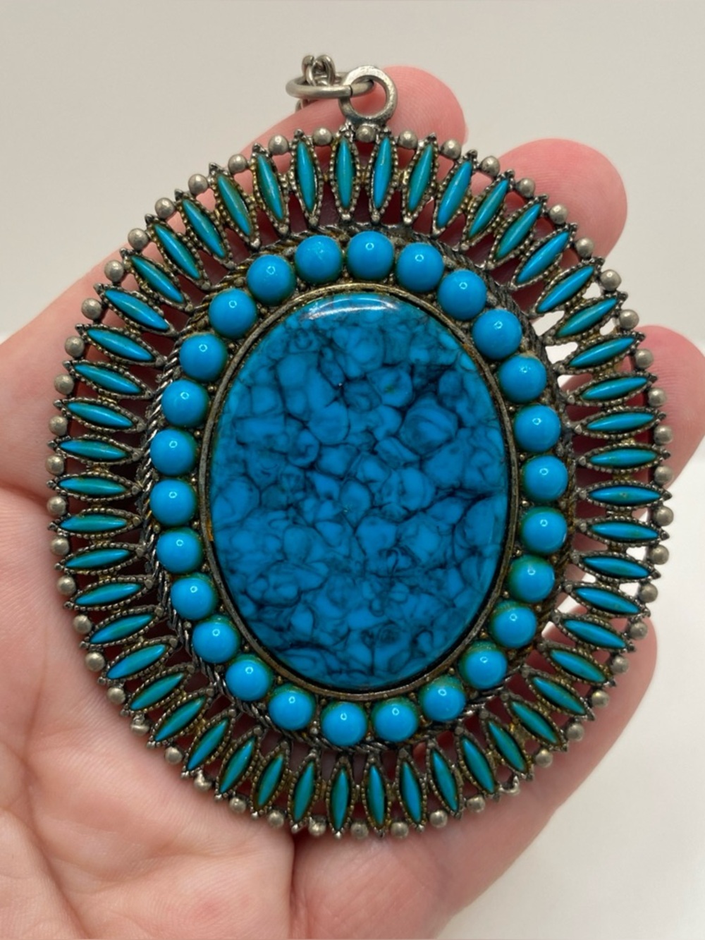 Faux Turquoise Statement Oval Pendant Necklace on 24" Chain